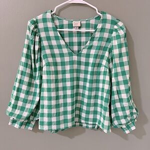 A New Day Women's Gingham Check 3/4 Sleeve Voile V-Neck Top womens small
